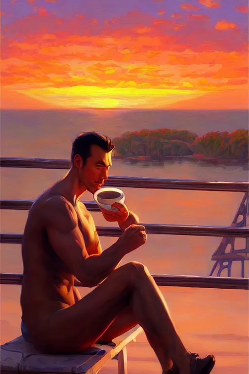 Image similar to attractive man drinking coffee, sunset, painting by jean giraud, vladimir volegov, ross tran, tom of finland, trending on artstation