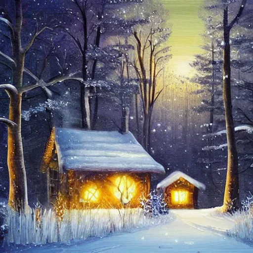 Prompt: snowy forest night scene magical cottage surrounded by the woods with one illuminated window, oil painting