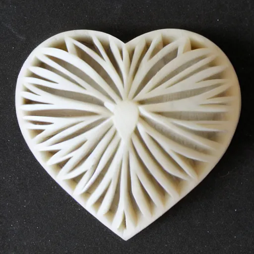 Image similar to geometric heart carved out of ivory, c anon 5 d 5 0 mm lens