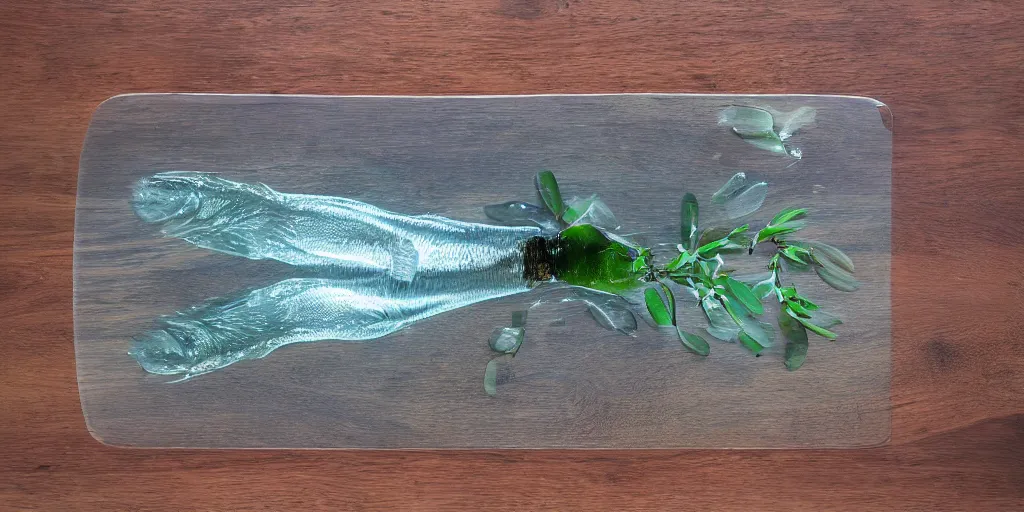 Prompt: a transparent sea creature laying on a chopping board made out of an olive tree