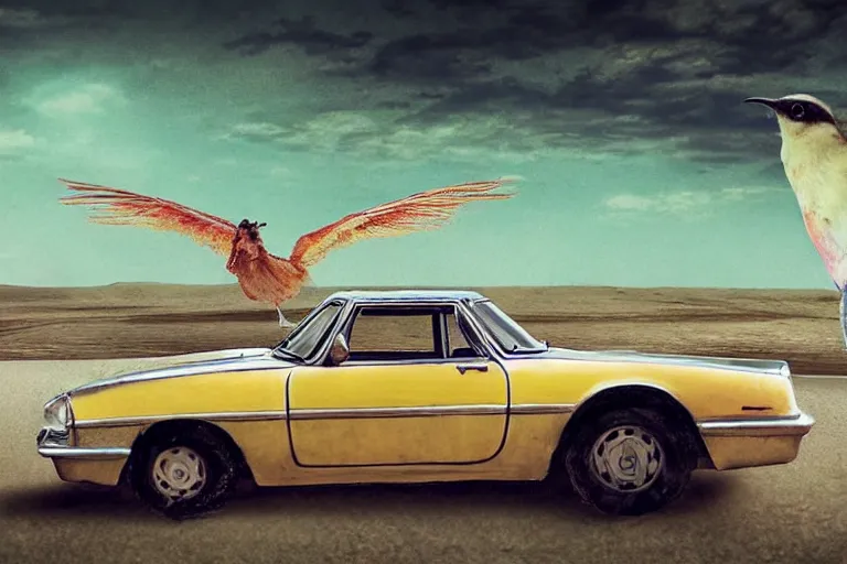 Image similar to hyperrealism aesthetic photography of detailed bird car in surreal scene from detailed art house movie in style of denis villeneuve and wes anderson