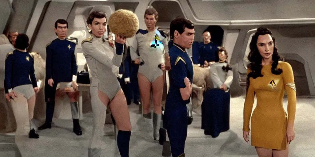 Image similar to a scene from Trouble with Tribbles!!! an episode of the original Star Trek series, with Gal Gadot, in Starfleet uniform, in the role of Captain Kirk