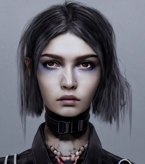 Prompt: detailed realistic female character cyberpunk wearing thick steel collar around neck, realistic, art, beautiful, 4K, collar, choker, collar around neck, punk, artstation, detailed, female, woman, choker, cyberpunk, neon, punk, collar, choker, collar around neck, thick collar, tight around neck, punk, looking straight, eyes, eyes,