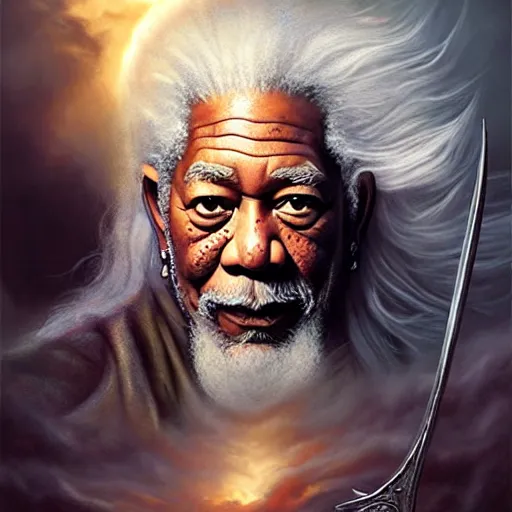 Image similar to morgan freeman starring as gandalf in lord of the rings, highly detailed matte fantasy painting, stormy lighting, by ross tran, by artgerm, by lisa frank, by brom, by peter mohrbacher