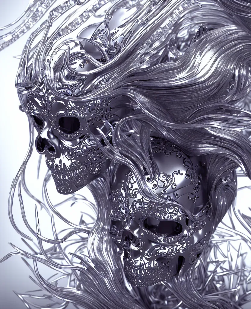 Image similar to close-up macro portrait of the face of a beautiful princess in a skull chrome mask, epic angle and pose, symmetrical artwork, 3d with depth of field, blurred background, cybernetic jellyfish female face skull phoenix bird, translucent, nautilus, energy flows of water and fire. a highly detailed epic cinematic concept art CG render. made in Maya, Blender and Photoshop, octane render, excellent composition, cinematic dystopian brutalist atmosphere, dynamic dramatic cinematic lighting, aesthetic, very inspirational, arthouse. y Greg Rutkowski, Ilya Kuvshinov, WLOP, Stanley Artgerm Lau, Ruan Jia and Fenghua Zhong