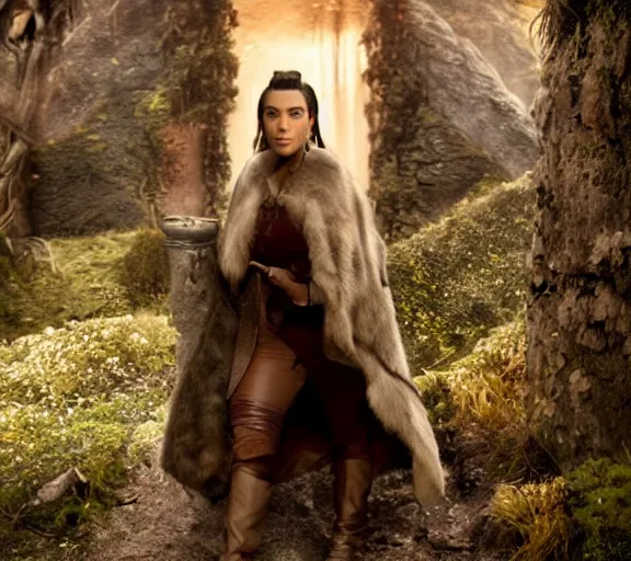 Image similar to a movie still of kim kardashian in the movie the hobbit