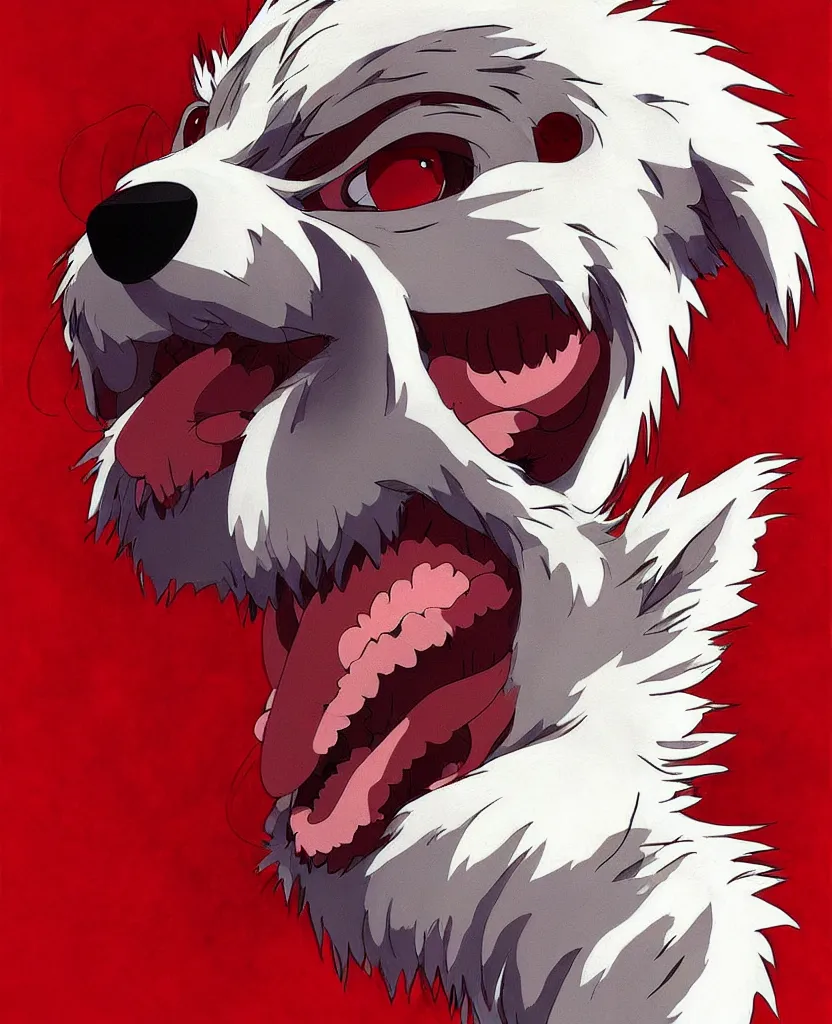 Image similar to beautiful painting from the anime film by studio ghibli, red anthropomorphic dog human hybrid wearing human clothes, drooling, fur, trending on artstation