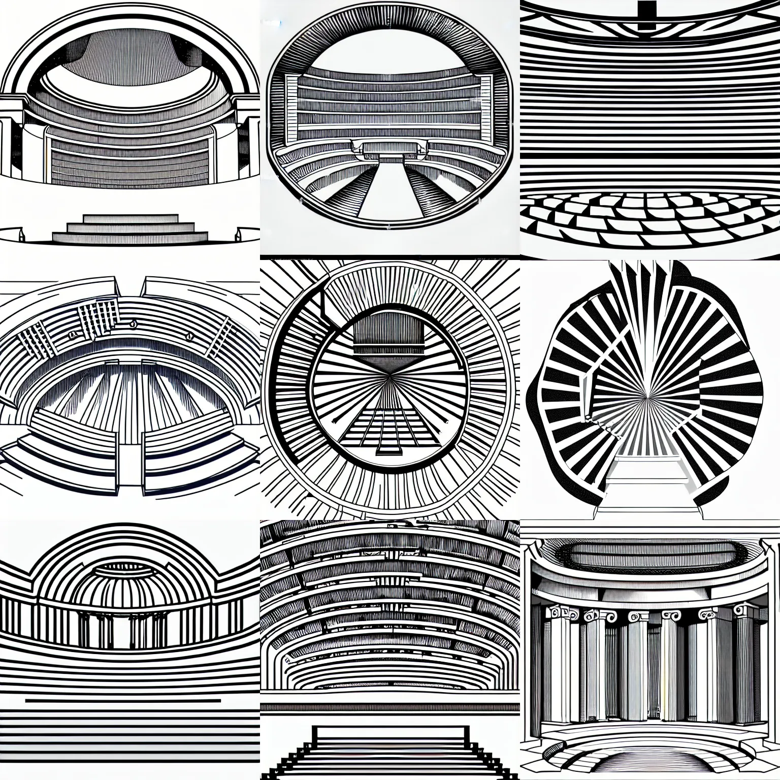 Prompt: a stephen biesty cross - section through the stairs of a simplified!!!!! smooth shaded ancient greek amphitheater line drawing logo in the style of pavlov visuals, precise! vector trace, 3 / 4 extra - wide shot, occlusion, white background