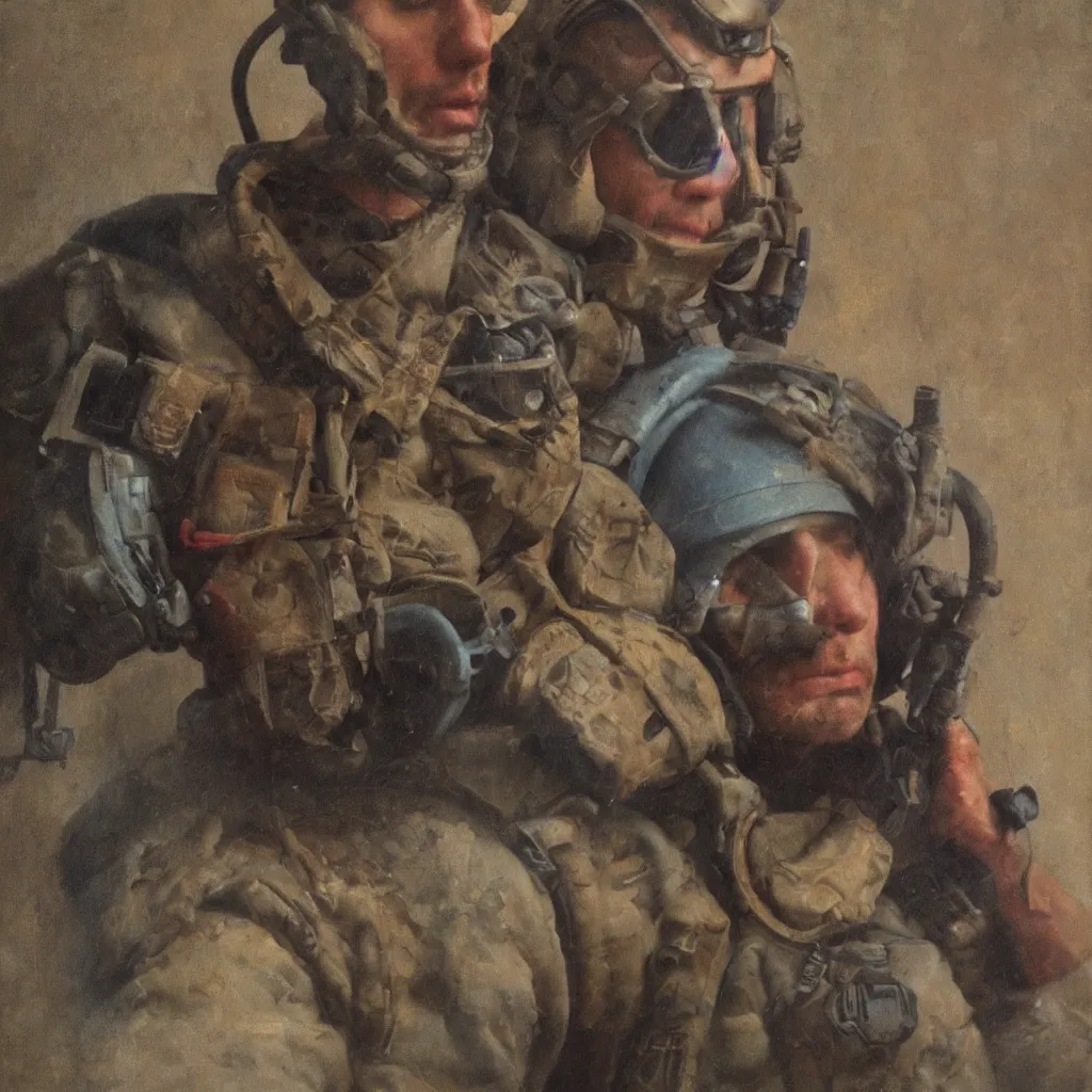 Prompt: navy seal painted by christian tagliavini, oil painting, clair obscur, saturated colours