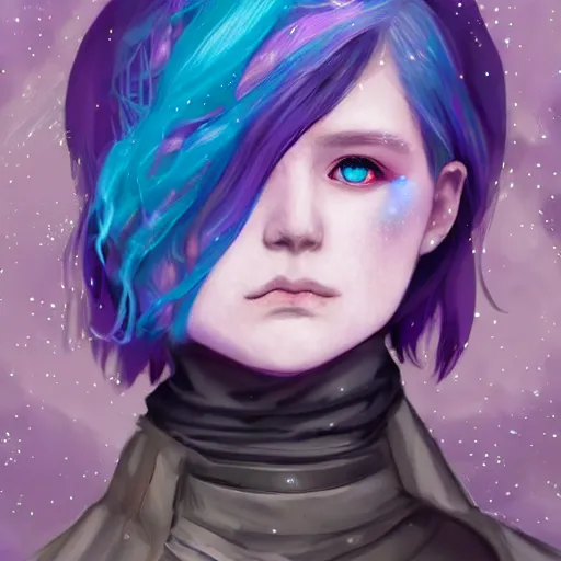 Image similar to a nonbinary changeling wearing a starry cloak, purple vest, white sleeves, aurora colored hair, starry eyes, curious expression, watching people on the street, character art, full body art, Dungeons and Dragons, D&D, trending on artstation, artgerm, 4k ultra hd, sharp focus, digital art by Ilya Kuvshinov and Ross Tran,