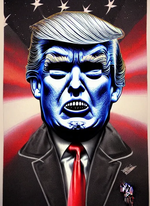 Image similar to donald trump's disgusting true form burstin from within, horror, high details, intricate details, by vincent di fate, artgerm julie bell beeple, 1 9 8 0 s, inking, vintage 8 0 s print, screen print