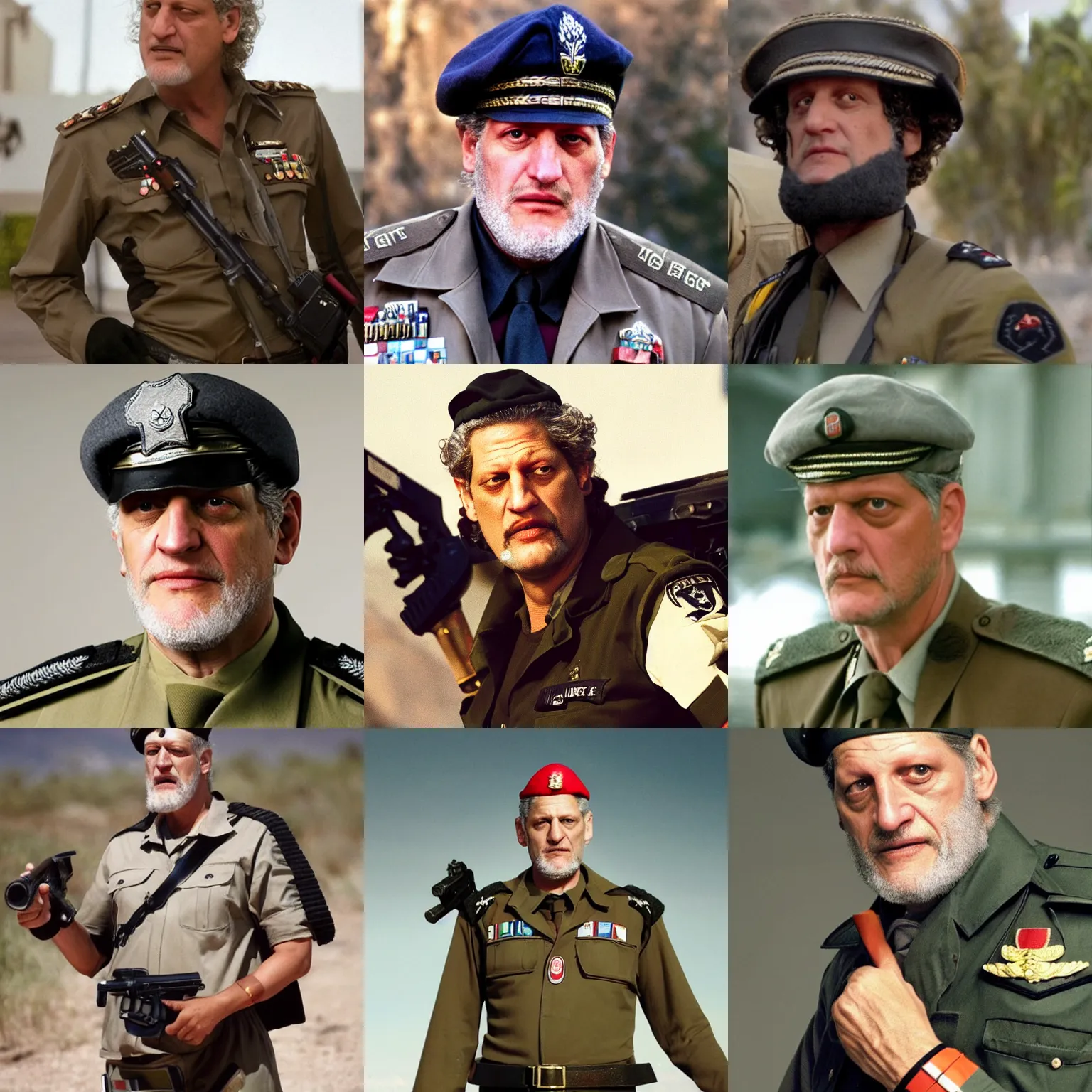 Prompt: clancy brown wearing a high ranking officers israeli defense force uniform with a red barret on his head