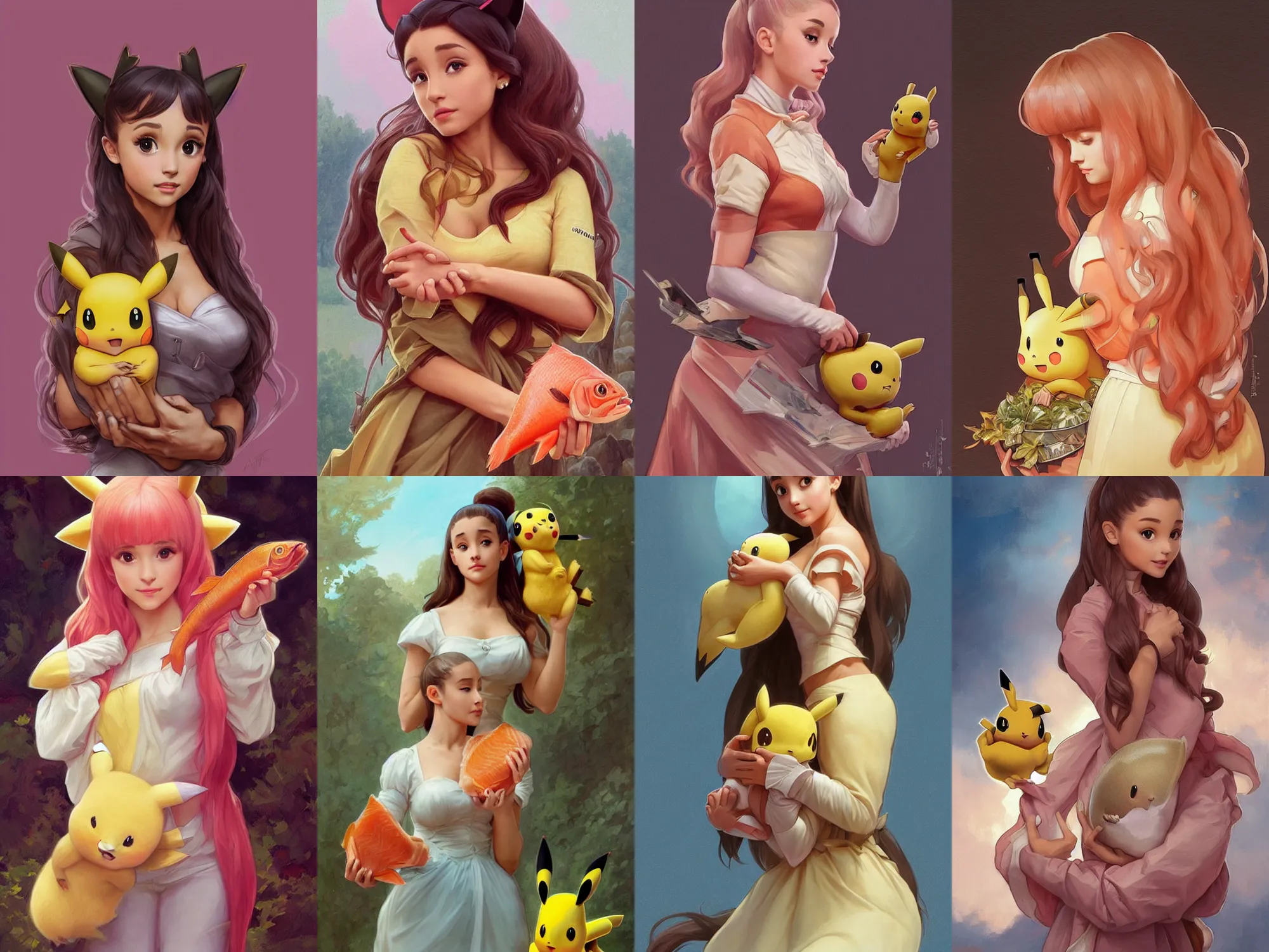 Prompt: beautiful cottagecore Ariana Grande holding a salmon colored pikachu statue . intricate, elegant. highly detailed, digital painting, artstation, concept art, smooth, sharp, focus, illustration. . art by artgerm and greg rutkowski and alphonse mucha
