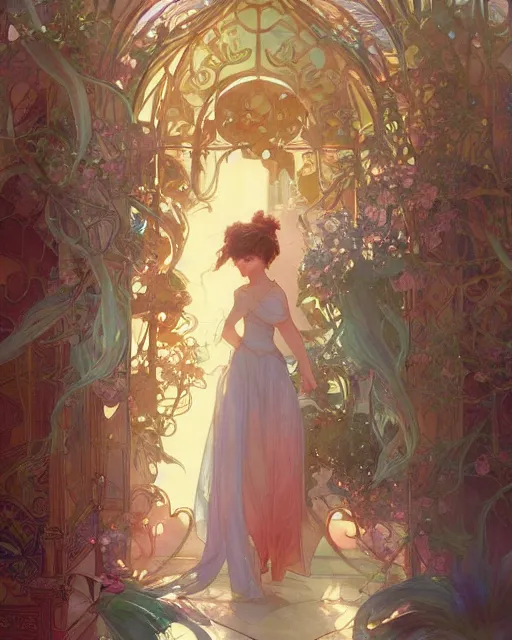 Image similar to secret romance, highly detailed,, gold filigree, romantic storybook fantasy, soft cinematic lighting, award, disney concept art watercolor illustration by mandy jurgens and alphonse mucha and alena aenami, pastel color palette, featured on artstation