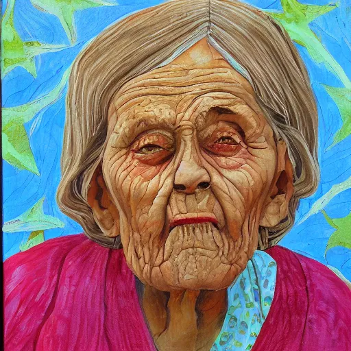 Image similar to painting of a wrinkled old woman, appalachian folk art