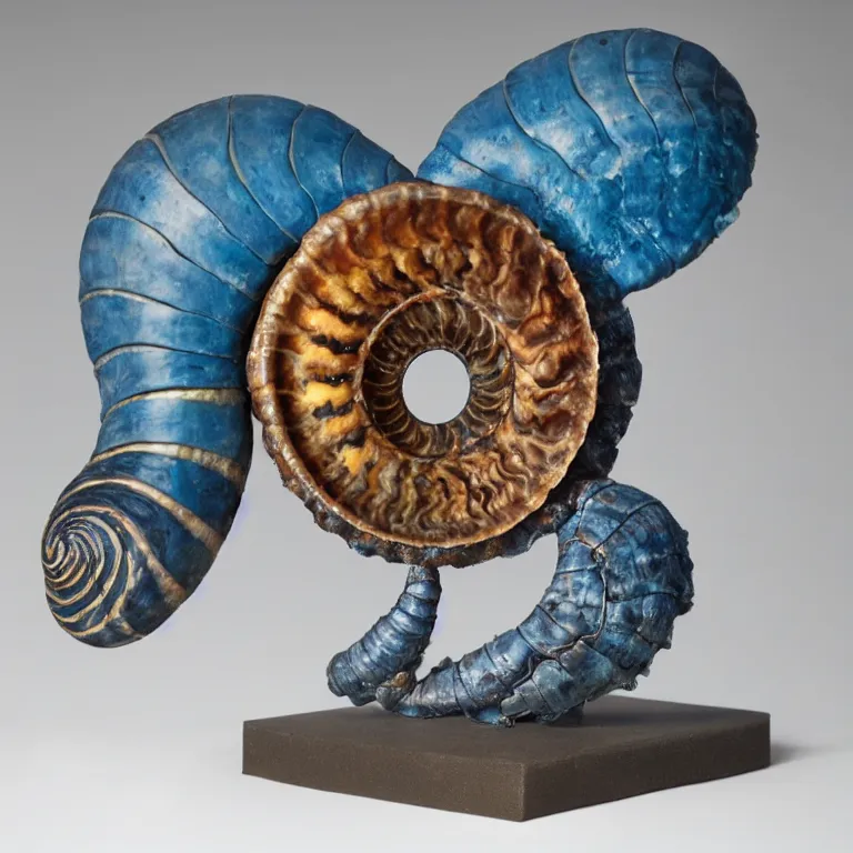 Prompt: hyperrealistic sculpture of a bronze fossilized snail ammonite dusted with blue spraypaint on a pedestal by ron mueck and duane hanson and lee bontecou, hyperrealistic dramatic colored lighting trending on artstation 8 k