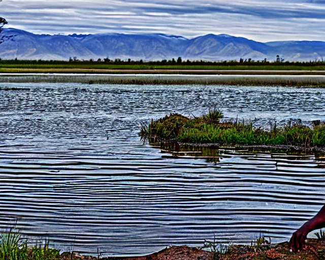 Prompt: wise zulu elder has a sharp line of teeth. my teeth are sharp. there is a lake in the foreground with water reflections.