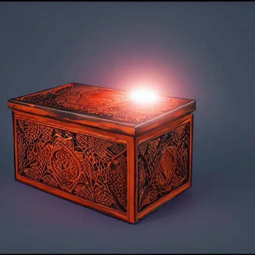 Image similar to a small arabesque carved wooden box with the lid open displaying a magic orange glowing orb inside. the box is sitting on a wooden tabel top with paper and magazines surrounding the box, hyper detail, dramatic lighting, octane render, unreal engine