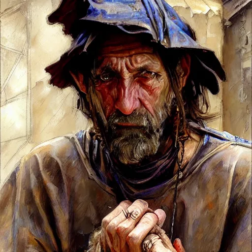 Prompt: talking medieval beggar in rags with a drop, crying, fantasy character portrait by michael garmash, donato giancola