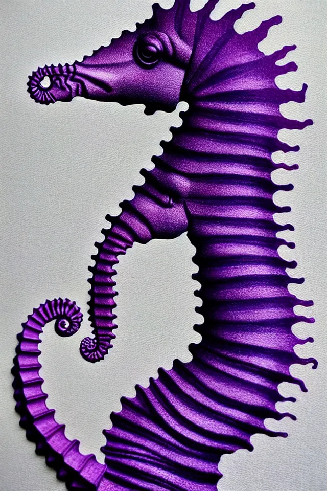 Prompt: a portrait statue of a purple seahorse, black paper, beautiful intricate painting by kokaris