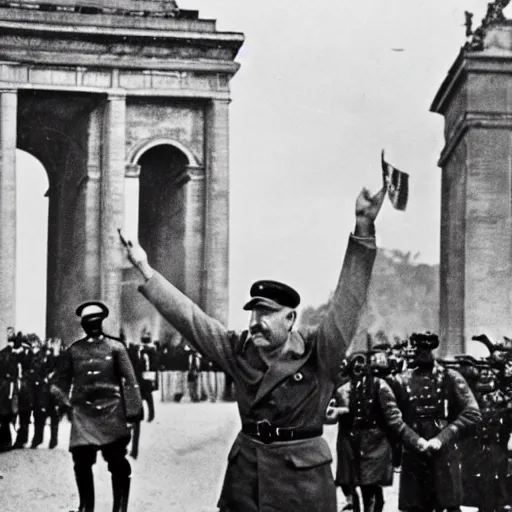 Image similar to black and white photograph of adolf hitler at the triumphal arch victorious after winning the 2 nd world war, while enslaved and chained blacks are seen through the streets under the watchful eye of nazi troops