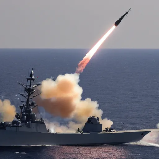 Image similar to A highly detailed wide angle photograph of a fighter jet firing missiles at a warship