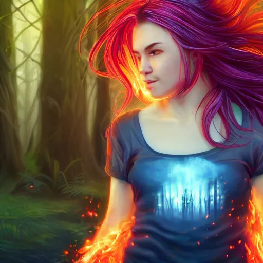 Image similar to magical astonishing dark forest is protected by an indigenous girl with a red-sleeved T-shirt using jeans, her hair glows on fire as she protects the forest with her fire powers, and her eyes are pure fire. trending on artstation, splash art hyper-detailed, 4K