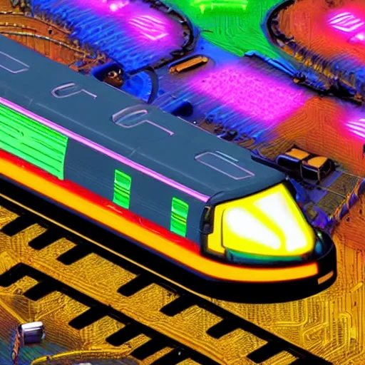 Prompt: cybertronic neon train, mechanical, glowing, shooting flames