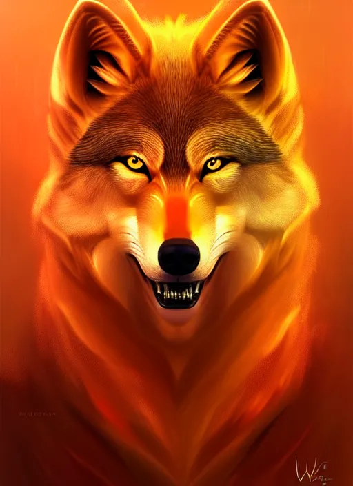 Prompt: bipedal golden wolf, sharp fangs, fiery eyes, highly detailed, deep focus, elegant, digital painting, smooth, sharp focus, illustration, ultra realistic, 8 k, art by wlop