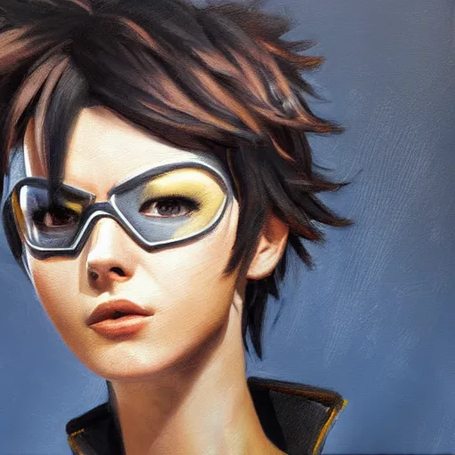 Image similar to oil painting of tracer overwatch in a field wearing very large black leather belt choker collar around neck, in style of mark arian, expressive face, very detailed face, very detailed eyes, belt around neck, full body, feminine face, tracer overwatch,