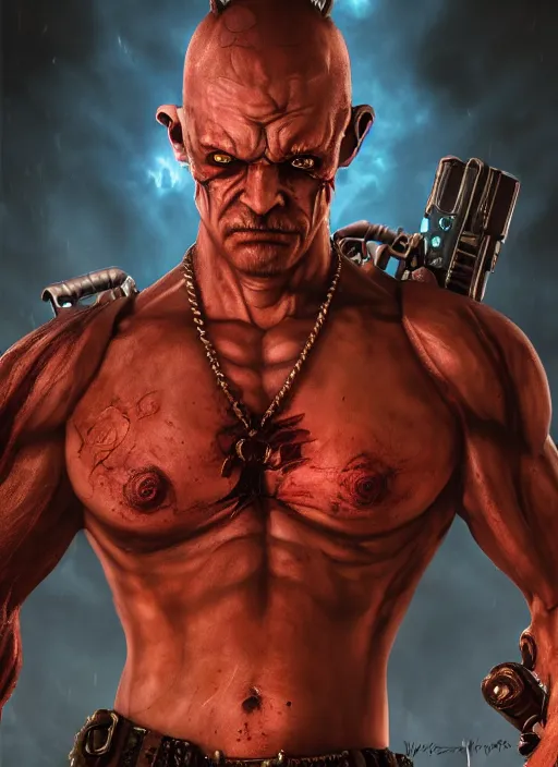 Image similar to cyberpunk portrait of muscular demon from doom 3, au naturel, hyper detailed, digital art, trending in artstation, cinematic lighting, studio quality, smooth render, unreal engine 5 rendered, octane rendered, art style by pixar dreamworks warner bros disney red dead redemption far cry doom cyberpunk 2 0 7 7 riot games and overwatch.