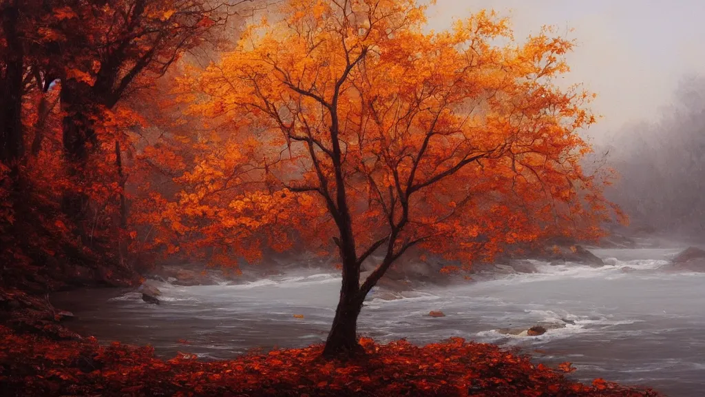 Prompt: A beautiful oil painting of a single tree, the tree is in the rule of thirds, the fall has arrived and the leafs started to become golden and red, the river is flowing its way, the river has lots of dark grey rocks, oil painting by Greg Rutkowski