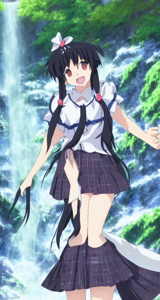 Image similar to high quality anime-style image of Hestia from Is It Wrong to Try to Pick Up Girls in a Dungeon wearing a plaid schoolgirl skirt, green curled pigtails hair, standing near a waterfall, 4k, digital art, wallpaper