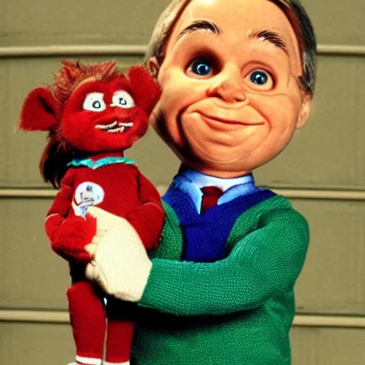 Image similar to photorealistic Mr. Rogers holding the Chucky doll from the movie Child's Play