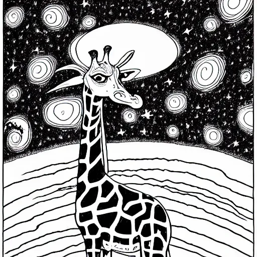 Image similar to black and white trippy comic art of a giraffe being abducted by ufo, lots of particles, drawn by Martin Rowson, Tim Burton, Studio Ghibli, Alex Pardee, Nekro Petros Afshar, James McDermott, cgsociety 4K