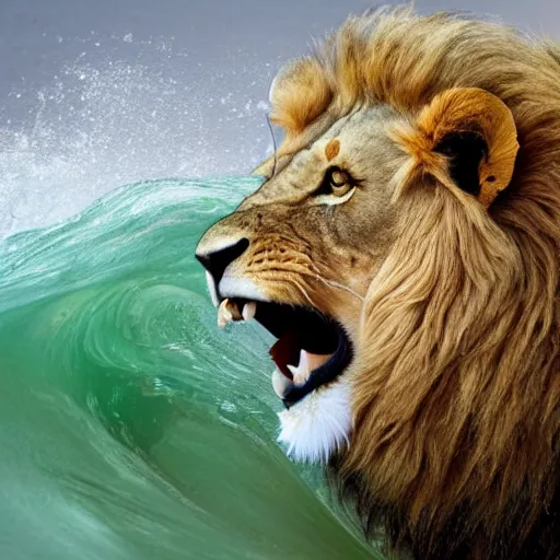 Image similar to a lion's face breaching through a wave