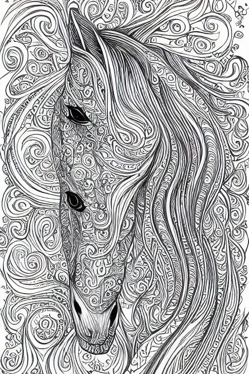 Image similar to beautiful, horse, fractals, ornamental, ink drawing, line art, colouring page