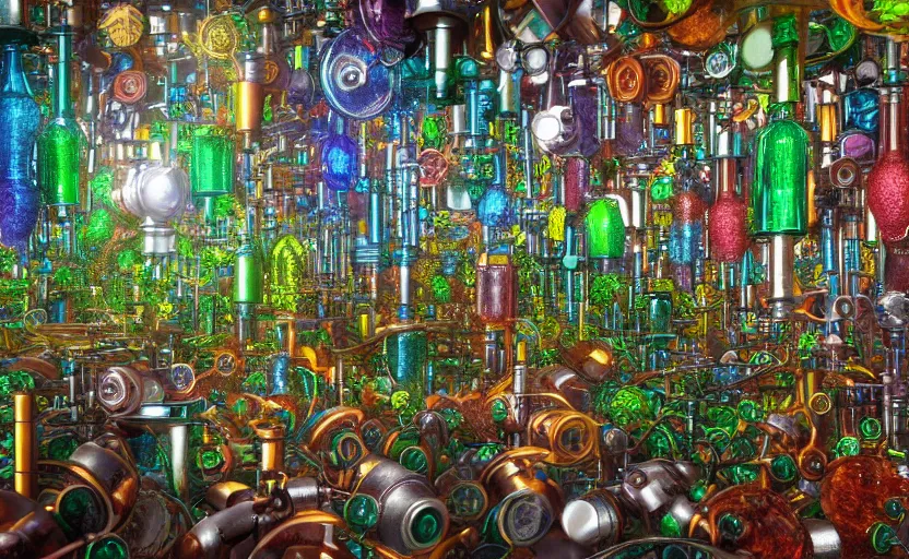 Prompt: a supercomputer forest made of colorful glass steampunk gears and bottles, octane render, internally glowing