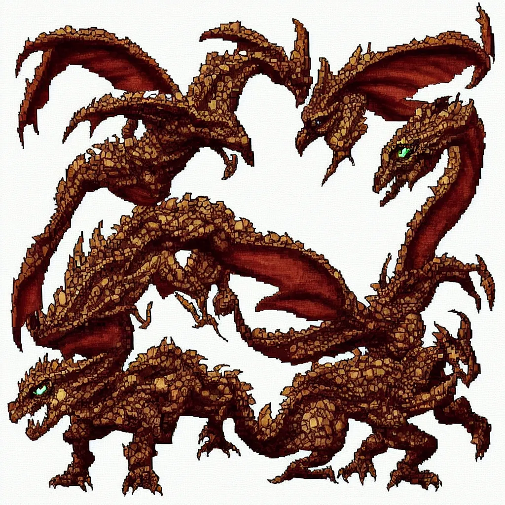 Image similar to pixelated dragon inspired by ragnarok online, 1 2 8 bit, 1 0 0 0 x 1 0 0 0 pixel art, 4 k, super detailed, nintendo game, pixelart, high quality, no blur, sharp geometrical squares, concept pixelart
