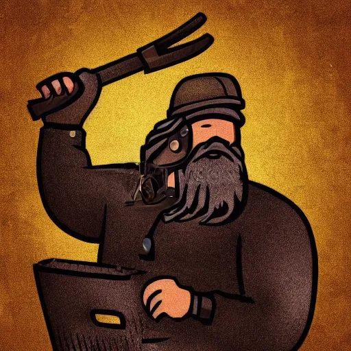 Prompt: Retro coal miner with a long beard coal mining for Bitcoin coins with a pickaxe. Extremely detailed. Award winning digital art. Intense.