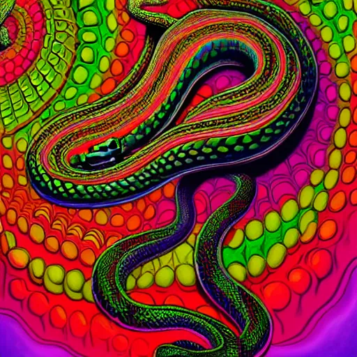 Prompt: an extremely psychedelic portrait of a snake, surreal, lsd, face, detailed, intricate, elegant, lithe, highly detailed, digital painting, artstation, concept art, smooth, sharp focus, illustration