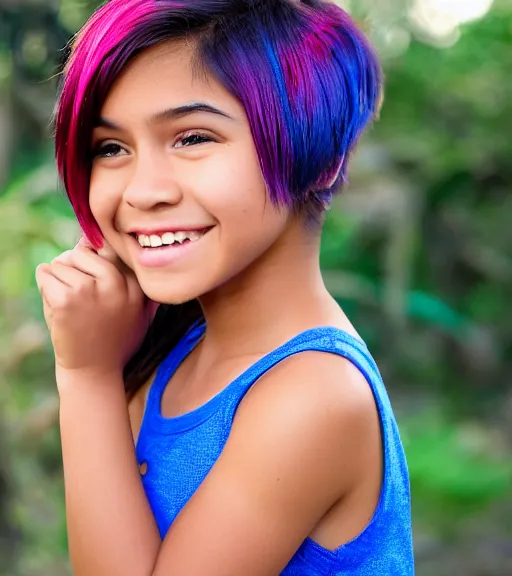 Prompt: a professional portrait of a teenage hispanic - filipino girl with a sporty flair, mahogany eyes, dyed rainbow hair in a pixie cut, a blue tank top, a confident smile, small stature, adorable, athletic, warm brown eyes