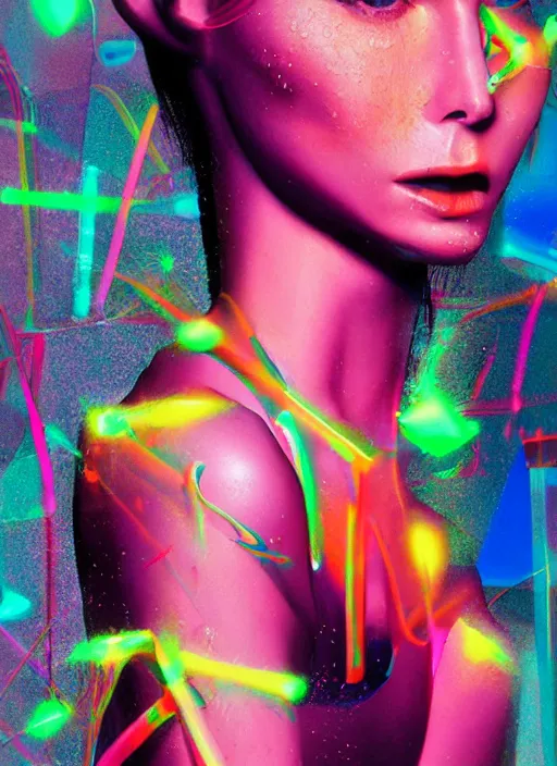 Image similar to futuristic lasers tracing, colorsmoke, fullbodysuit, pyramid hoodvisor, raindrops, wet, oiled, beautiful cyborg girl, by steven meisel, kaws, rolf armstrong, mondrian, hannah af klint perfect geometry abstract acrylic, octane hyperrealism photorealistic airbrush collage painting, monochrome, neon fluorescent colors, minimalist rule of thirds, eighties eros