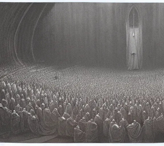 Image similar to a large amount of cultist followers gathered in front of a cult leader's stage, view from stage, in the style of beksinski