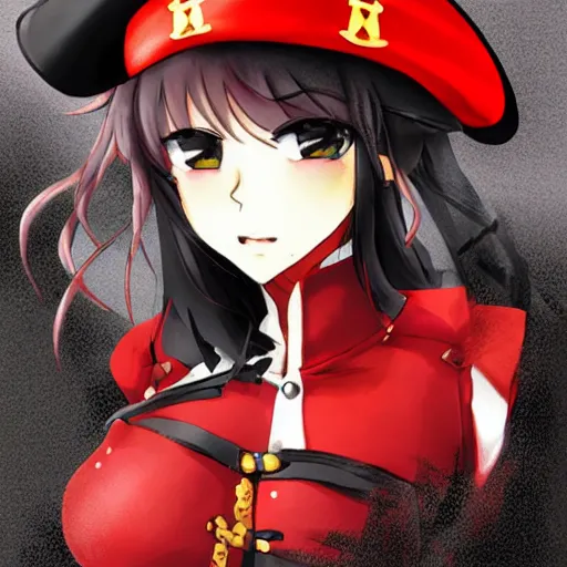 Image similar to Houshou Marine. Hololive character. Anime girl, 宝鐘マリン. Red pirate outfit and black pirate tricorn. Her hat is BLACK colored. Ahoy! Pirate girl ANIME drawing. brickred outfit colorscheme. Her name is Houshou Marine. Anime cute face. Yun Jin artist. Naoki Saito artist