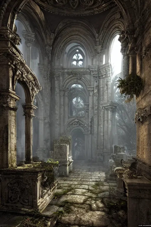 Image similar to the ruins of the crypt in the cemetery, intricate, ethereal, by luis royo, hyper detailed, weta digital, ray trace, unreal engine, trending on artist, beautifully lit, cinematic, soft light, photorealistic, volumetric, realistic, glossy, 8 k post - production, masterpiece, luxury, smooth