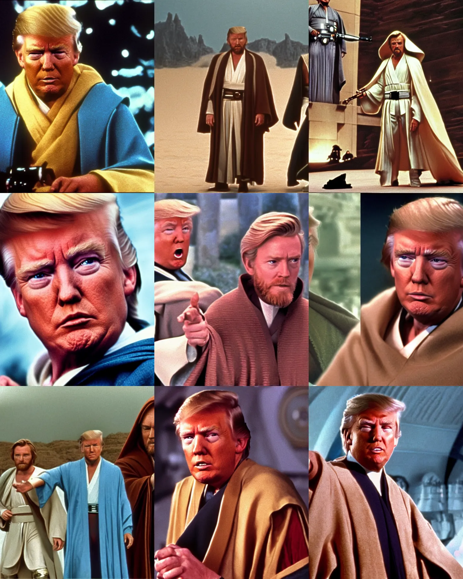 Prompt: Donald Trump as Obi-Wan Kenobi in Star wars (1977) cinemascope and technicolor