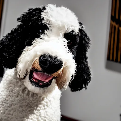 Image similar to a closeup photorealistic photograph of a cute smiling knitted bernedoodle judge dog dressed in a black gown, presiding over the courthouse. indoor image, professional capture, well lit shot. this 4 k hd image is trending on artstation, featured on behance, well - rendered, extra crisp, features intricate detail, epic composition and the style of unreal engine.