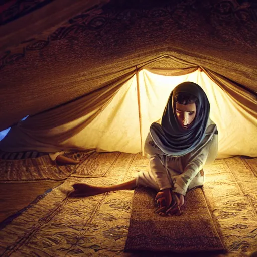 Image similar to 12 year old middle eastern skinned boy with short hair and Biblical clothing sleeping. Interior of ancient tent. Nightime. Light rays shine onto his body. Miraculous. Spiritual. dramatic angle, 8k hdr pixiv dslr photo by Makoto Shinkai and Wojtek Fus