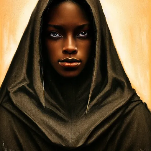 Image similar to a portrait of a young black woman wearing a long dark cloak, hood and shadows covering face, anatomically correct, beautiful perfect face, enigmatic, oil painting, matte painting, black background, Volumetric dynamic lighting, Highly Detailed, Cinematic Lighting, Unreal Engine, 8k, HD, by Beksinski